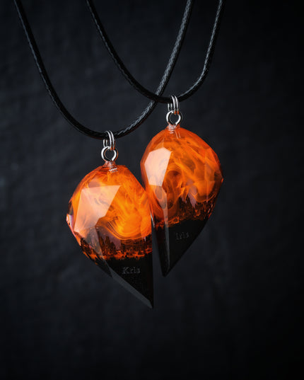 Epoxy resin and wood Couple heart Fire Faceted pendant