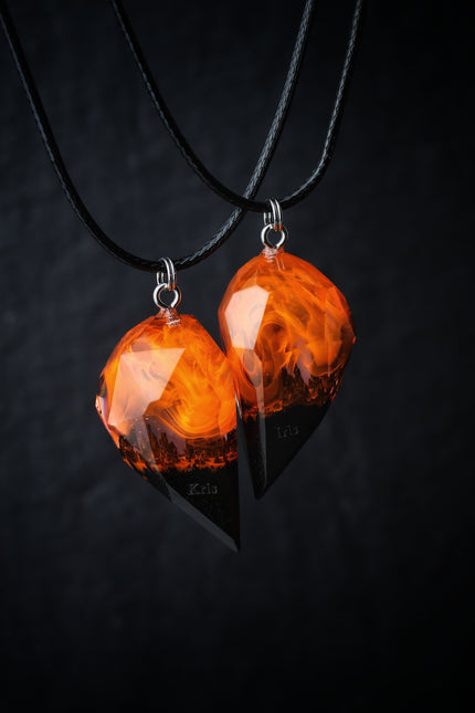 Epoxy resin and wood Couple heart Fire Faceted pendant