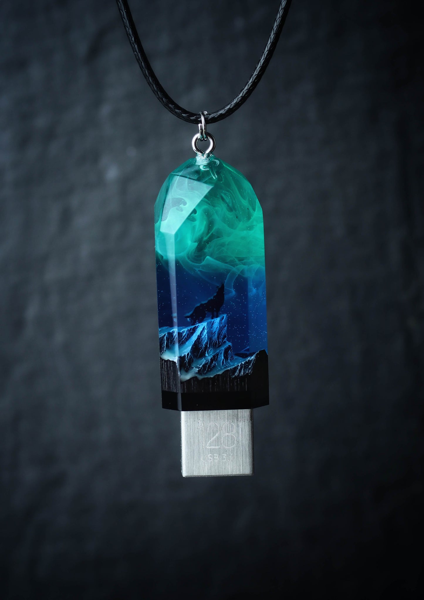Resin wood USB flash drive with glowing northern lights effect with a necklace