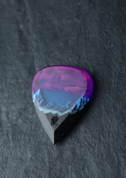 Epoxy resin and wood Nightfall Mountain guitar pick