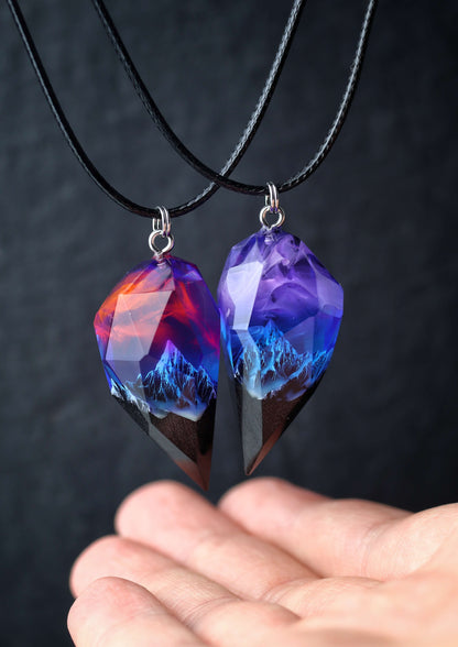 Couple crystal pendants handmade from resin and wood with mountain design