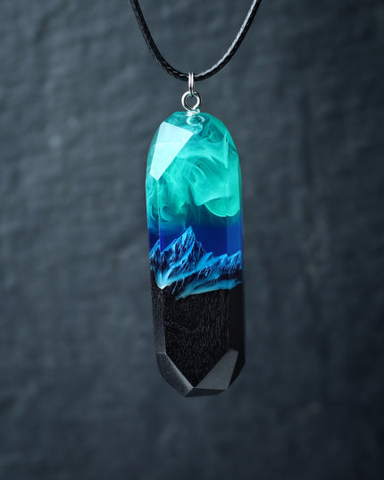 Epoxy resin and wood Northern lights Mountain Long pendant