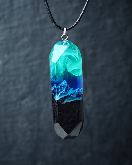 Epoxy resin and wood Northern lights Mountain Long pendant
