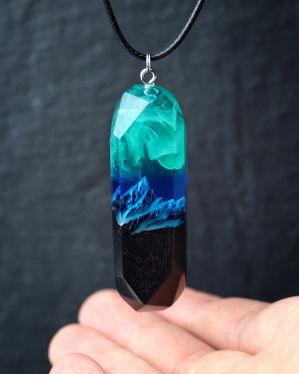 Epoxy resin and wood Northern lights Mountain Long pendant
