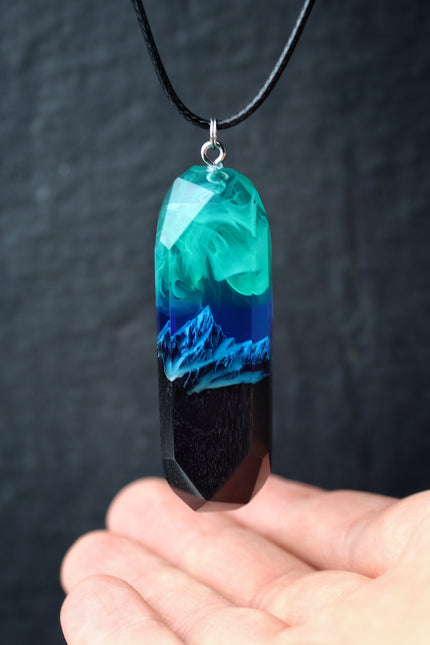 Epoxy resin and wood Northern lights Mountain Long pendant