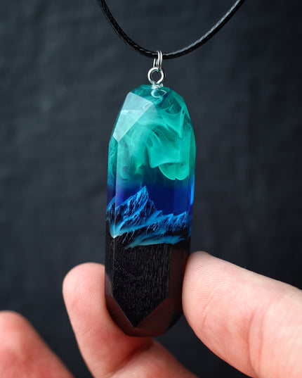 Epoxy resin and wood Northern lights Mountain Long pendant