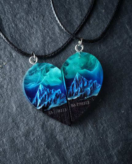 Epoxy resin and wood Couple heart Northern lights Mountain pendant Flat