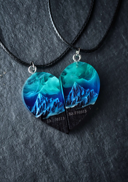 Unique handmade heart-shaped resin and wood necklace set