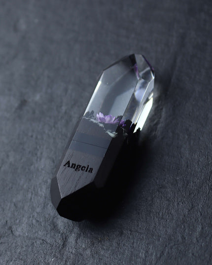 Crystal-shaped resin USB stick with violet blossom design with engraving