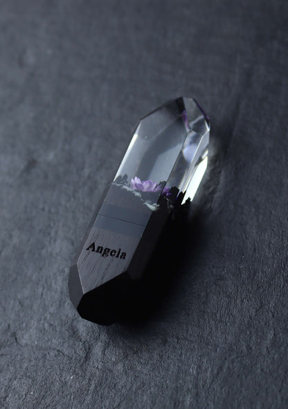 Crystal-shaped resin USB stick with violet blossom design with engraving