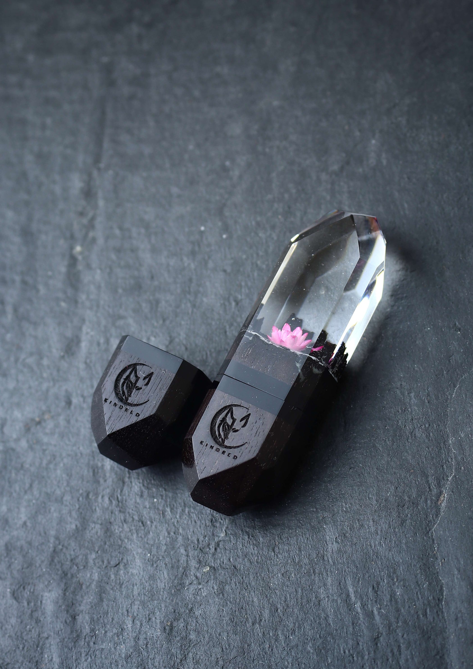 Handmade wood and resin USB flash drive with pink flower inside