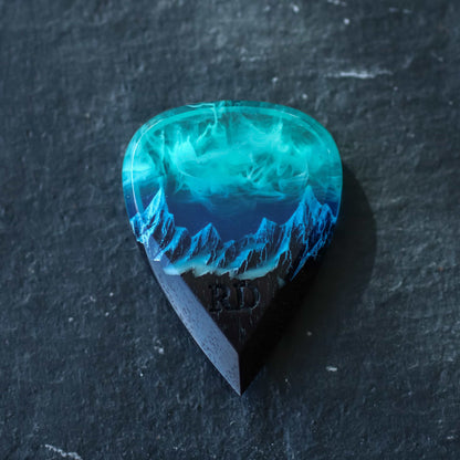 Wood resin guitar pick with northern lights over mountains, handmade musician gift engraved with I pick you