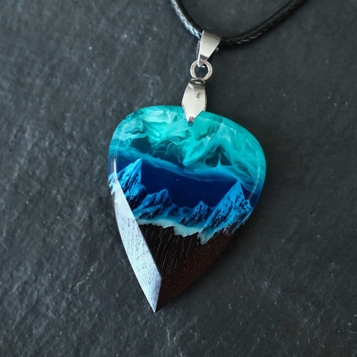 Wood resin guitar pick with northern lights over mountains, handmade musician gift engraved with I pick you