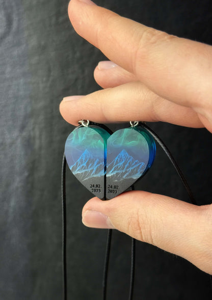 Two-part resin heart necklace for couples handmade with mountains
