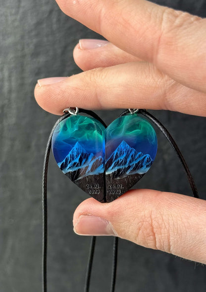 Couple heart resin and wood pendants with mountain landscape design