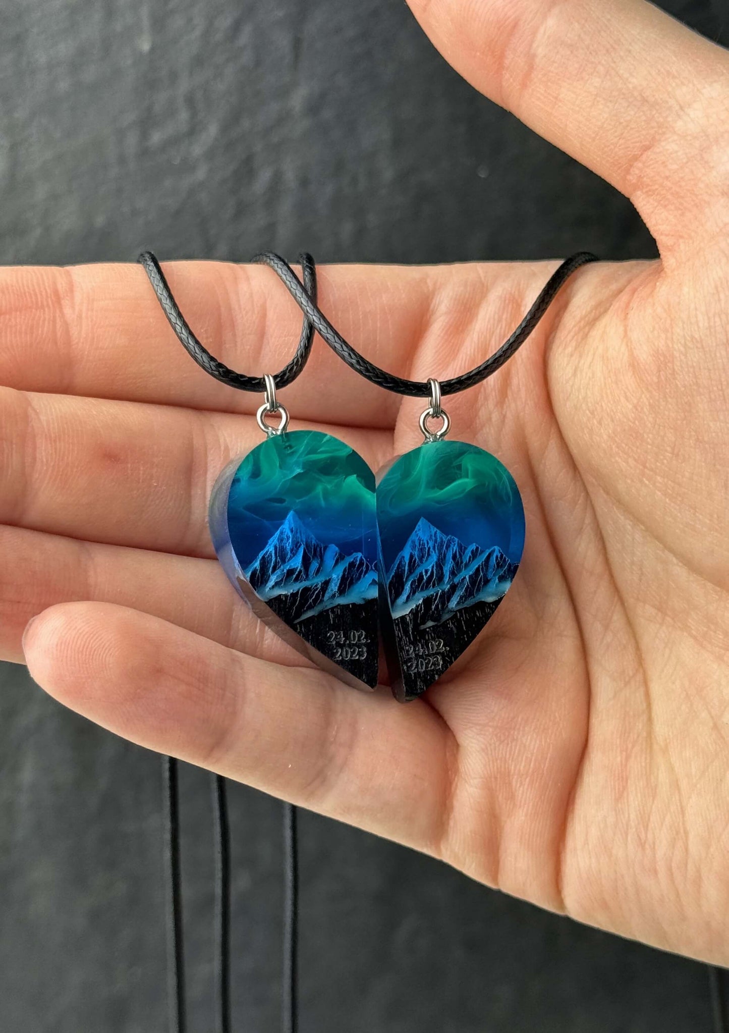 Two-part resin heart necklace for couples handmade with mountains