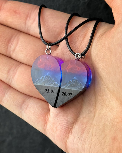 Epoxy resin and wood Couple heart Nightfall Mountain pendant