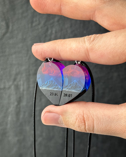 Epoxy resin and wood Couple heart Nightfall Mountain pendant