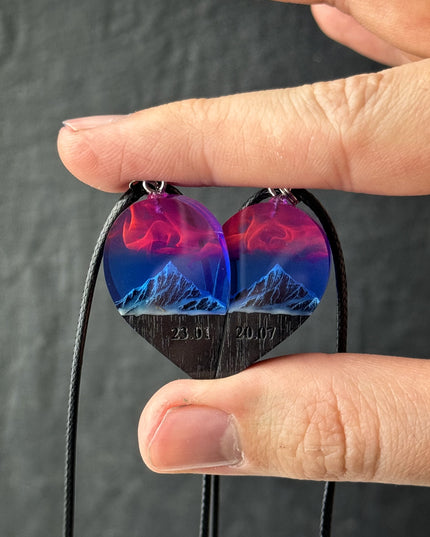 Epoxy resin and wood Couple heart Nightfall Mountain pendant
