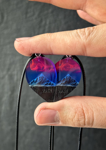 Epoxy resin and wood Couple heart Nightfall Mountain pendant