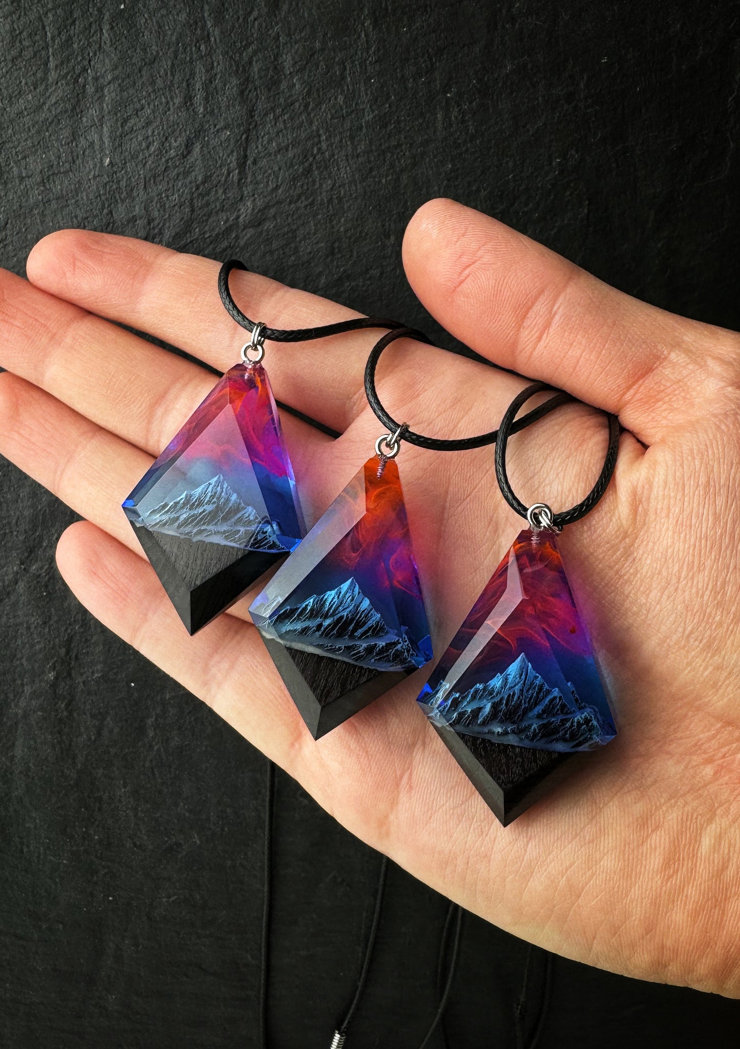 Epoxy resin and wood Mountain Nightfall pendant Rhombus