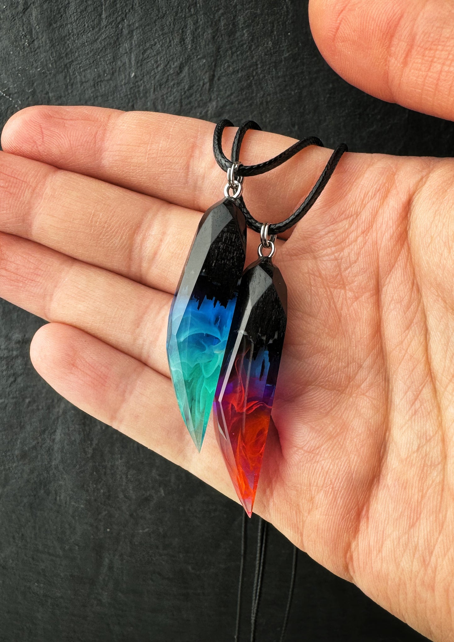 Epoxy resin and wood Couple Nightfall & Northern lights faceted pendant