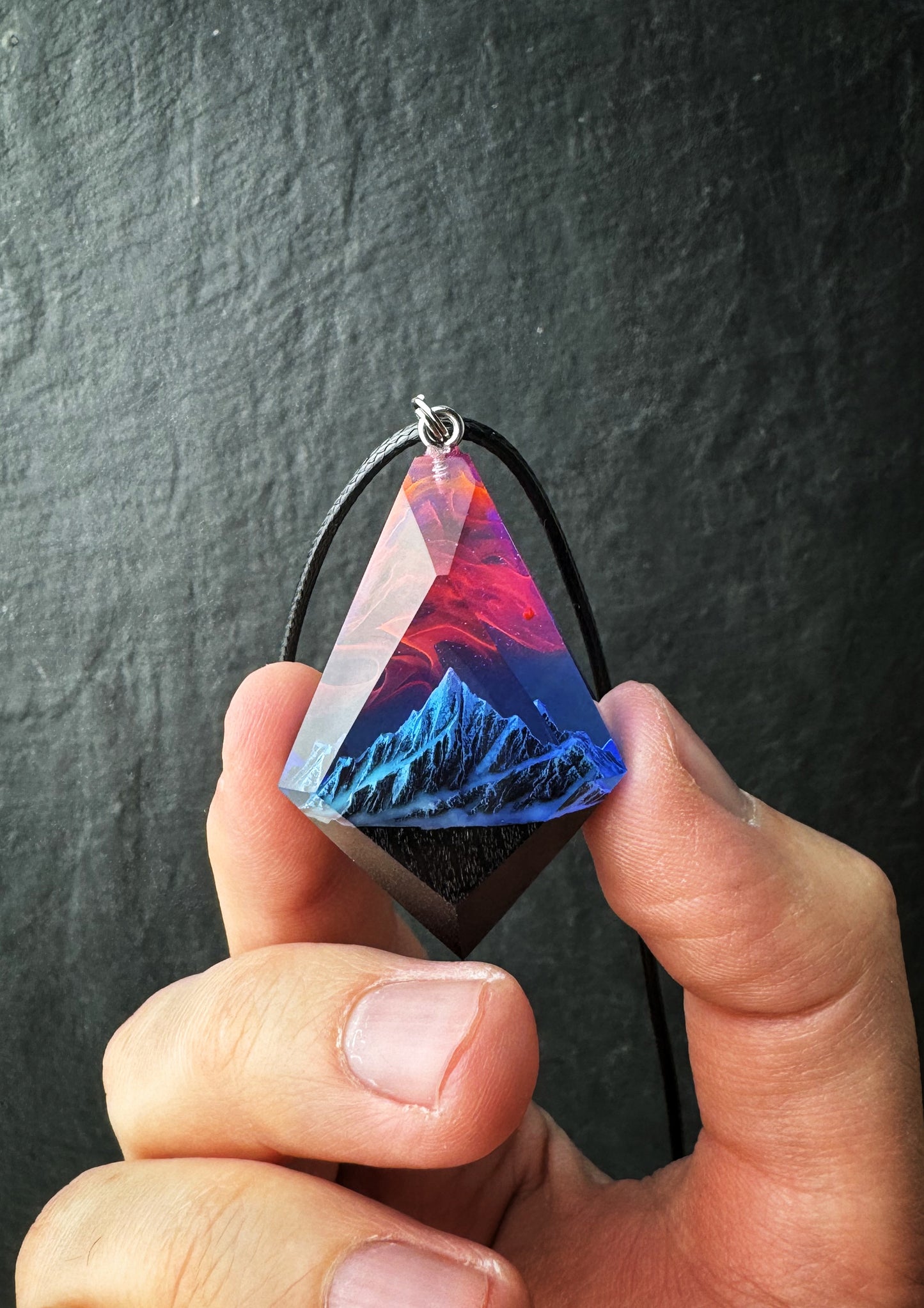 Epoxy resin and wood Mountain Nightfall pendant Rhombus