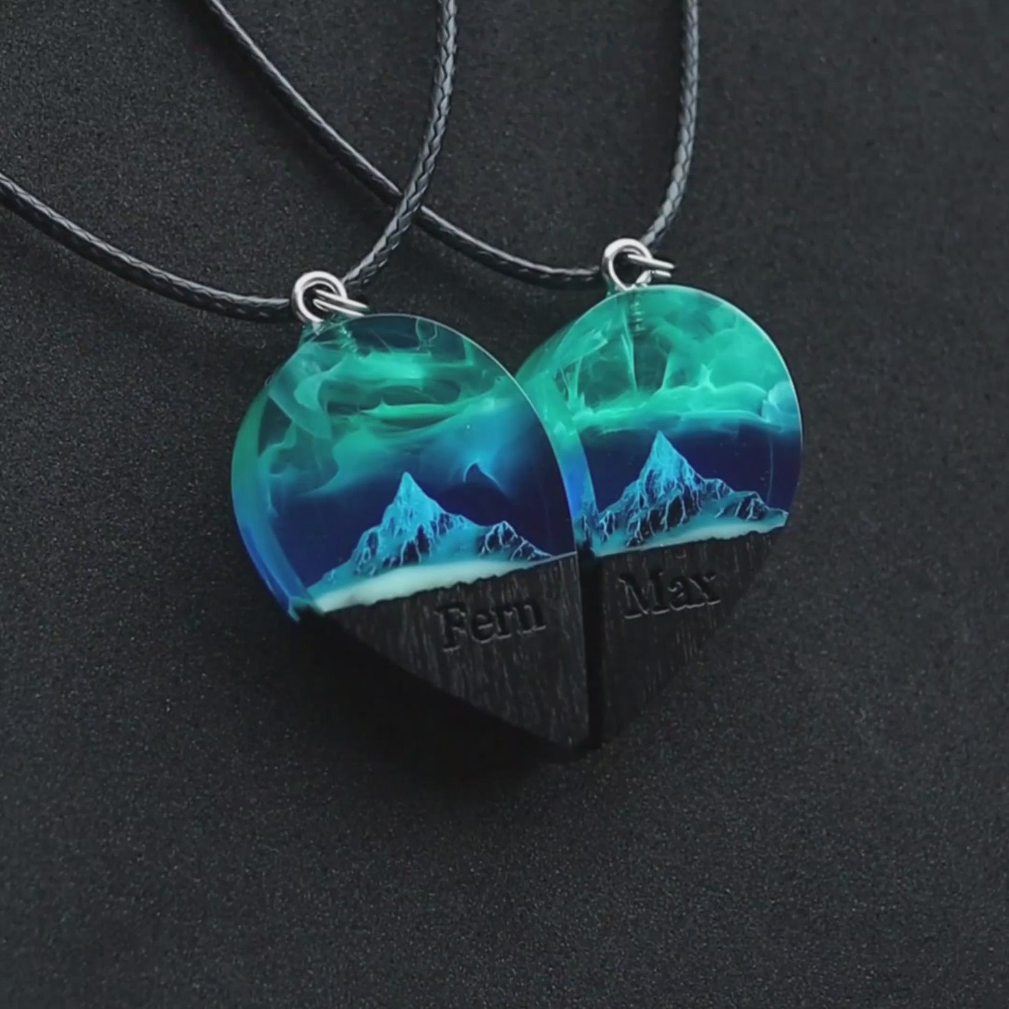 Matching couple heart necklace set of two halves, handmade wood resin pendants with northern lights over mountains and infinity engraving
