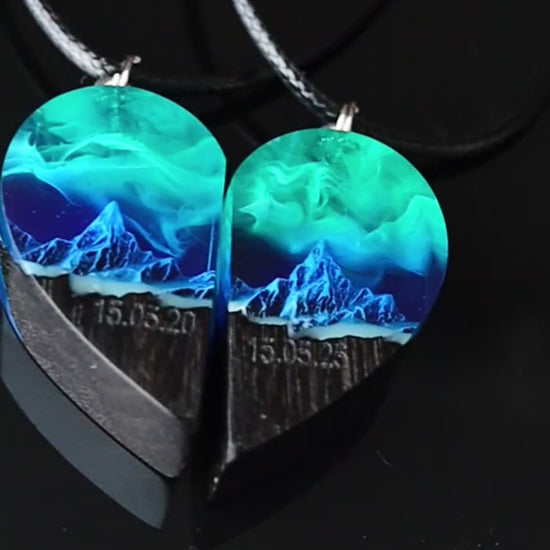 Unique handmade heart-shaped resin and wood necklace set