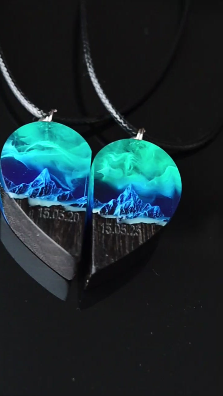 Unique handmade heart-shaped resin and wood necklace set