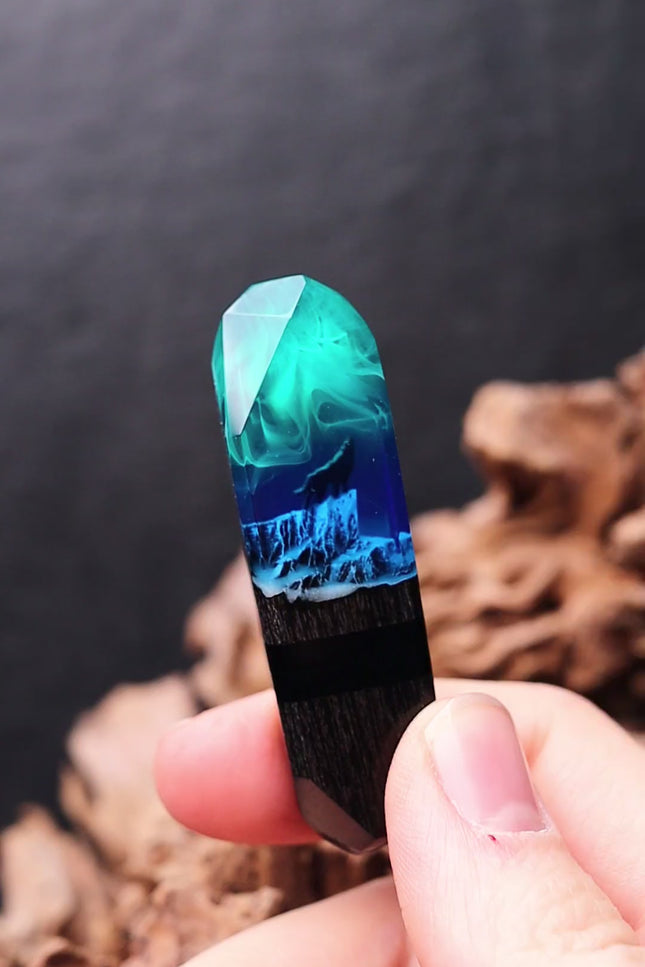 Epoxy resin and wood Northern lights Mountain Wolf USB